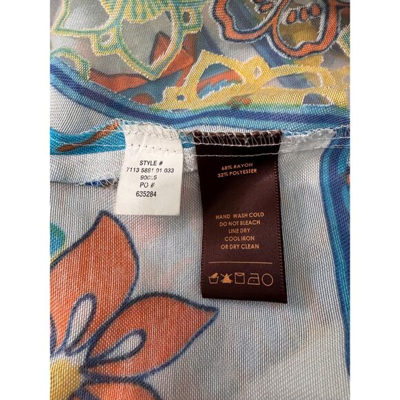 Multiples Patchwork Floral Button Front Top Medium Sheer Panels Roll Tab Sleeve - Picture 8 of 11